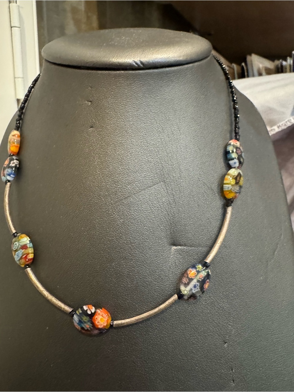 Handmade Multicolor Millefiori Glass‎ Bead & Sterling Necklace